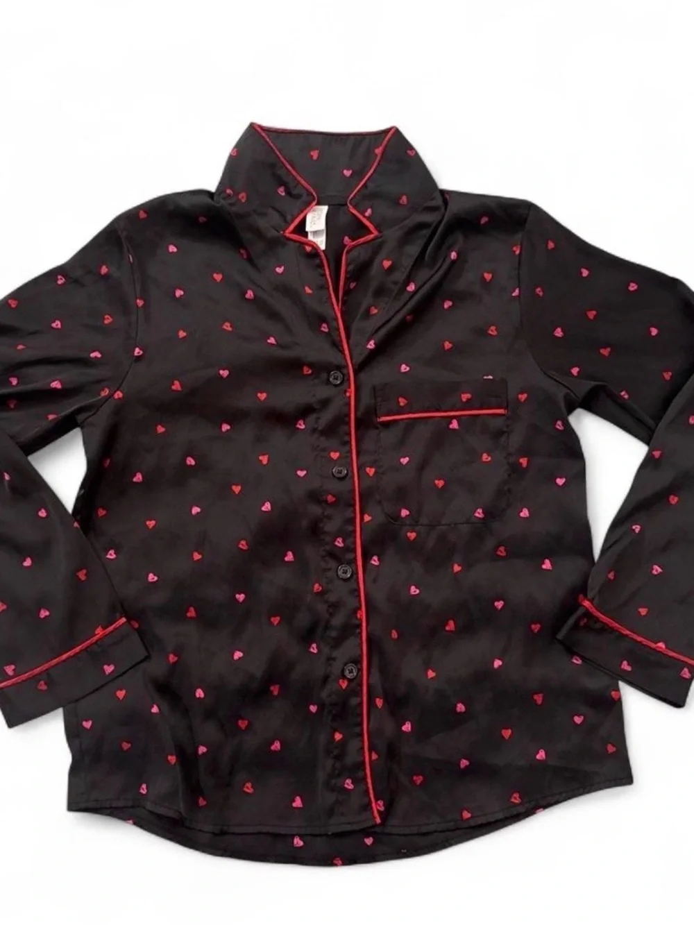 Black Satin Heart-Print Pajama Set with Red Accents
